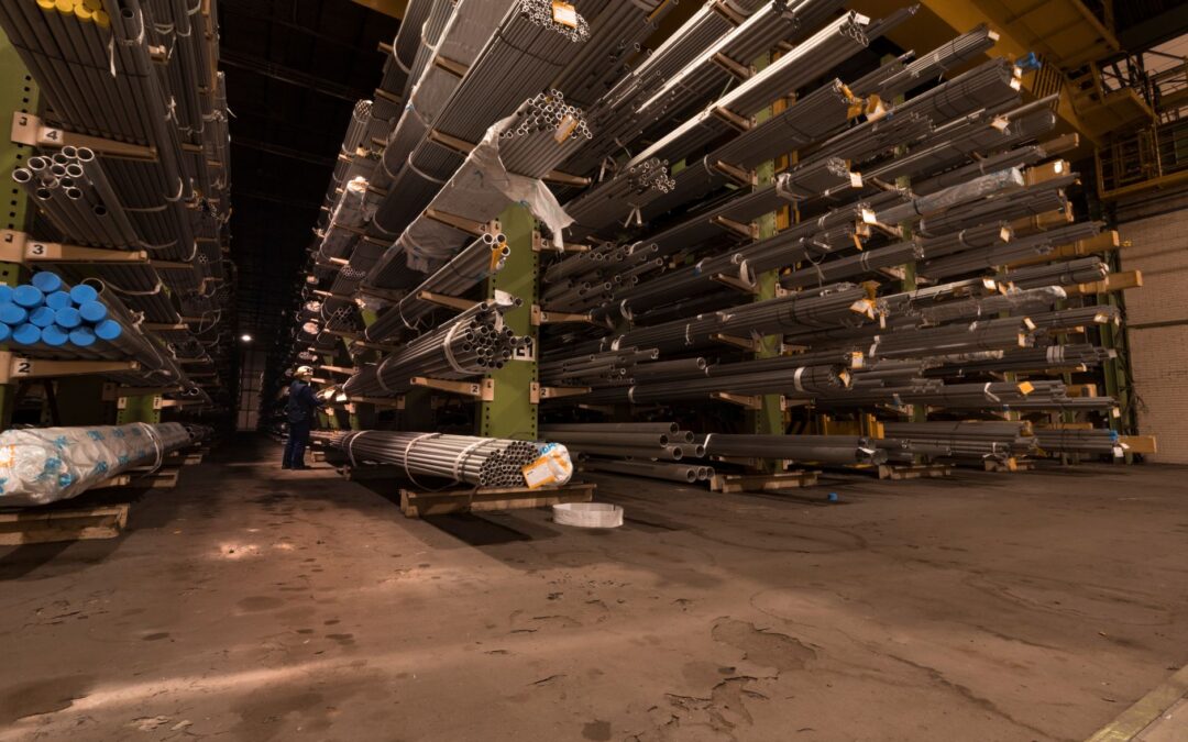 Industrial valve distributors warehouse with plug and gate valves on shelves